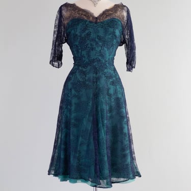 Stunning 1950's Blue &amp; Green Illusion Lace Cocktail Dress / Large