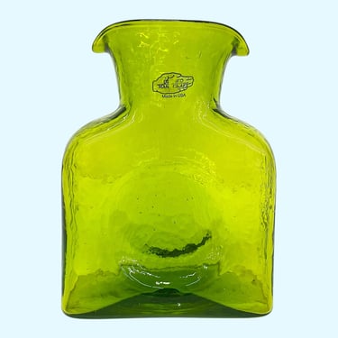 Vintage Blenko Water Pitcher Retro 2000s Contemporary + Avocado Green Glass + 384 + Concave Design + Double Spout + Kitchen Serving + Vase 
