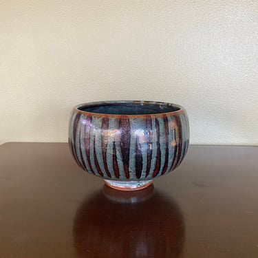 Midcentury modern Handmade artisan studio craft Blue Green Brown Striped ceramic pottery flower succulent Indoor Planter Pot 