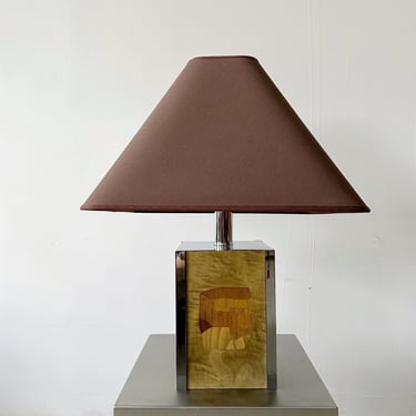 MID CENTURY WOOD & CHROME TABLE LAMP WITH BROWN SHADE, 70's