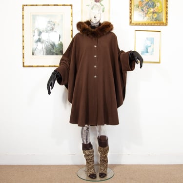 Vintage 1980s Brown Cashmere Wool Blend Cape With Fur Trim Hood And Sleeves Size M 