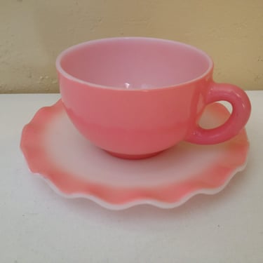 Vintage Hazel Atlas Pink Tea Cups and  Crinoline Ruffled Saucer-Nice Condition- Milk Glass 