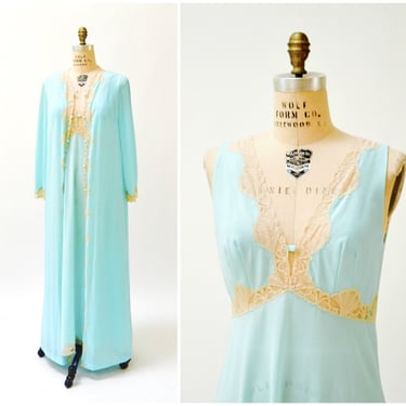 1960s 70s Vintage Peignoir Nightgown Robe Emilio Pucci for Formfit Roger Blue Cream lace Wedding Honeymoon Slip Camisole Dress Size Medium 