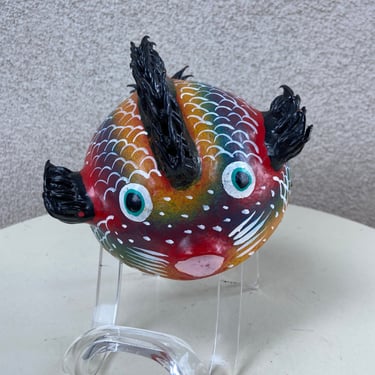 Vintage kitsch Mexican folk art coconut mask art colorful blow fish theme  size 7” x 6” x 5” 