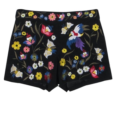 Alice & Olivia - Black & Multicolor Floral Embroidered High Waisted Short Sz 2