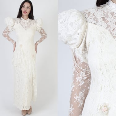 Long Sheer Lace Victorian Wedding Gown, Vintage 70s Beaded Southern Belle Dress, Antique Style Saloon Outfit 