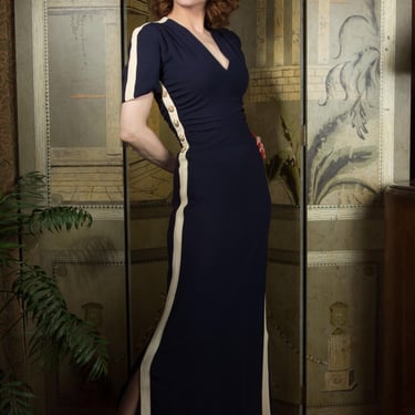 1940s Dress - Striking Navy Blue and Ivory Colorblock Columnar Evening Gown with Rhinestone Buttoned Sides 