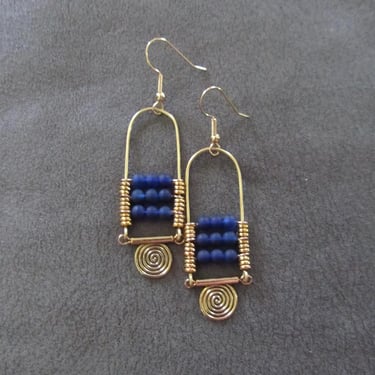 Blue frosted glass and gold chandelier earrings 