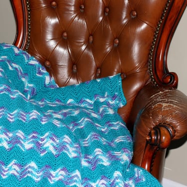 vintage crocheted afghan chevron pattern in teal lavender and white 