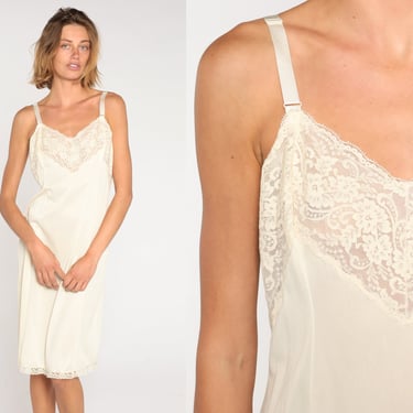 70s Slip Dress Off White Lace Floral Trim Knee Length Midi Dress Lingerie Nightgown Adjustable Straps Romantic Vintage 1970s Medium Large 