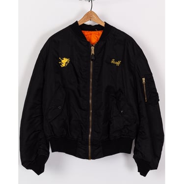 XXL| Vintage Dragon Graphic Reversible Black Bomber Flight Jacket - Men's XXL | Black Orange Alpha Industries Military Puffy Coat 
