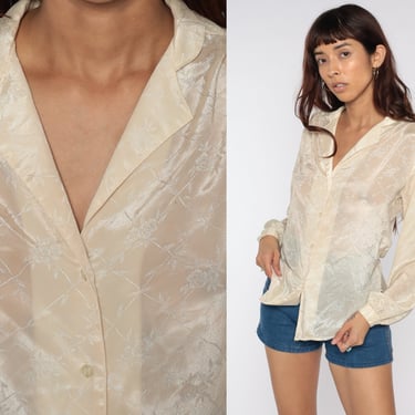 Sheer Floral Shirt Cream Embossed Button Up Blouse 80s Boho, Shop Exile