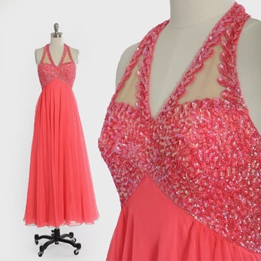 Mike Benet sequin dress | Vintage 60s 70s pink chiffon sequin maxi dress 