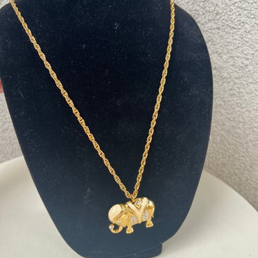 Vintage elephant pendant brooch gold tone chain necklace KJL Avon 