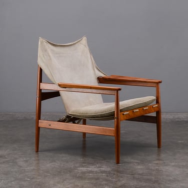 Hans Olsen Safari Lounge Chair Teak and Gray Suede Mid Century Danish Modern 