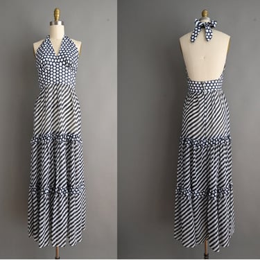 vintage 1970s Dress | Vintage Blue Polka Dot & Stripe Cotton Summer Halter Dress | Small 