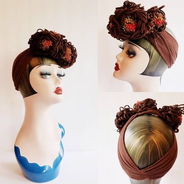 1940s Brown Snood Hat by Bes Ben Floral Flourish / 40s Rare Headband Hat Brown Wool Loops Red Yellow Flowers / Mirabella 