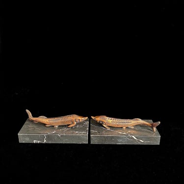 Vintage PAIR of Copper Metal FISH Sculptures Mounted on Black Marble Italian Italy 1960s 