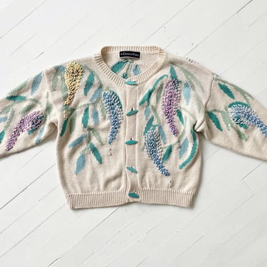 1980s Textured Floral Knit Cardigan – Sculptural Embroidered Botanical Cream Sweater, XS Vintage 