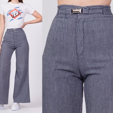 70s Pinstriped High Waisted Buckle Pants - Extra Small | Vintage Blue White Striped Wide Flared Leg Retro Woven Trousers 