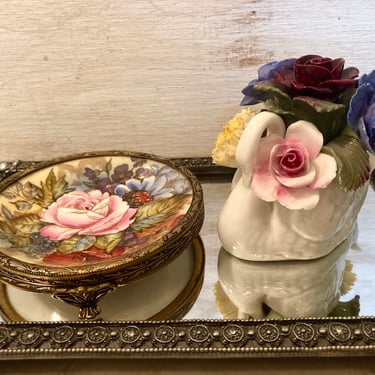 2 Aynsley Fine Bone China Flower Arrangement Displays~ Swan Flower Basket and Brass Footed Jewelry Dish~ Bouquet Porcelain Flower 