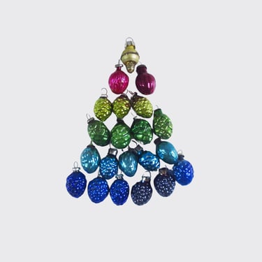 Antique Mercury Glass Miniature Ornaments, Pine Cone and Berry Feather Tree Decorations, Package Trims or Accents 