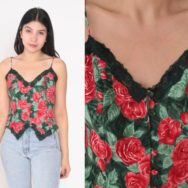 Floral Cami Top 90s Victoria's Secret Lingerie Shirt Lace Trim Button up Camisole Sexy Sleep Spaghetti Strap Green Red Vintage 1990s Small S 