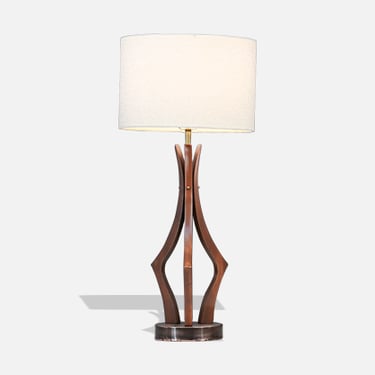 Mid-Century Sculpted Walnut with Brass Accent Table Lamp