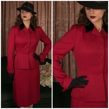 1950s Vintage Suit -  Exceptional Lipstick Red Gabardine Early 50 Skirt Suit with Black Velvet Collar 