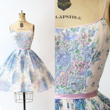 1950s organza ROSE PRINT sequin dress xxs | new spring summer 
