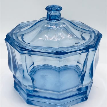 Vintage Indiana Glass Lidded Candy Dish Concord Light Blue Octagon Panel 8 Sided- Chip Free 