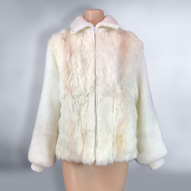 VINTAGE 70s 80s Rabbit Fur Bishop Sleeve Knit Sweater Jacket Wounded | 1970s 1980s White Fur Cardigan Coat TLC | VFG 