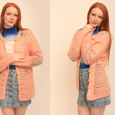 Vintage 1950s 50s Baby Pink Mohair Wool Knitted Diamond Cardigan w/ Spherical Buttons 