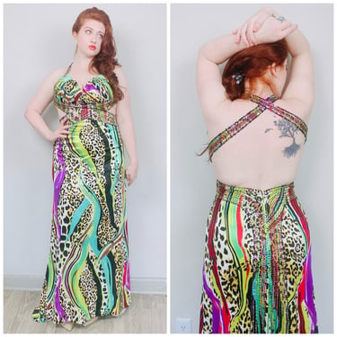 Y2K Green and Blue Leopard Poly Silk Cut Out Evening Gown / Jovani Cut Out Beaded Halter Prom / Pageant Dress / Size XL 