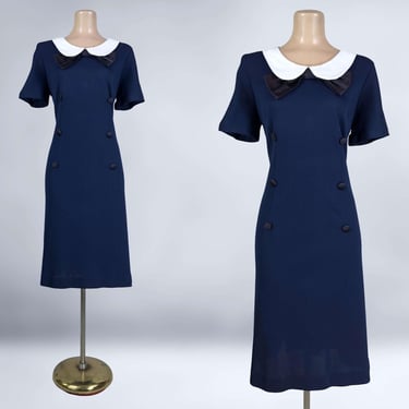 VINTAGE 60s Navy Blue Mod Babydoll Dress 40B/33W | 1960s Plus Size Volup Collared Scooter Dress | VFG 