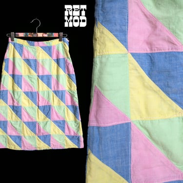 Pretty Vintage 70s Pastel Pink Blue Green Yellow Madras Patchwork Skirt 