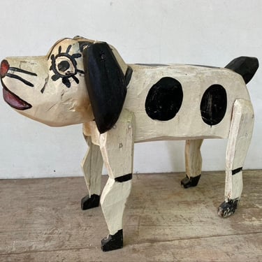 Vintage Wooden Folk Art Dog Figure, Made In Guatemala, Primitive Art, Painted Wood Dog Statue, Spotted Dog, Boho Decor 