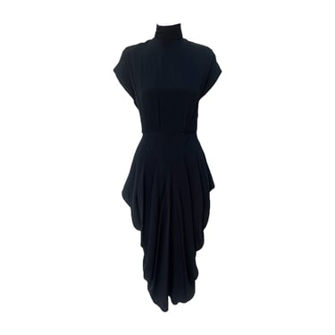 Nicole Miller 1980's Does 1940's Black Crepe Mock Neck Dress