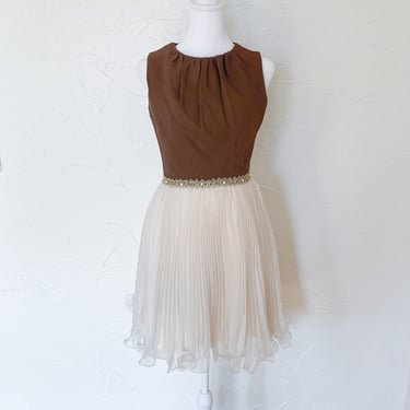 60s Chocolate Brown and Cream Chiffon Party Dress with Sparkly Tinsel Banded Waist | Extra Small/Small 