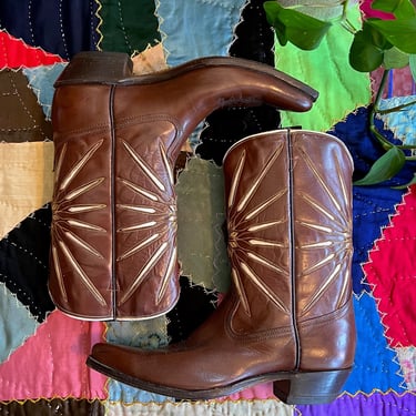 ACME BOOT 1960's Brown Starburst Vintage Boots | Western Leather Inlay Boots | Cowgirl, Cowboy Southwestern, Festival | Women's Size 9N 
