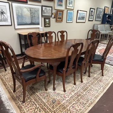 Oval Parquet Top Dining Table, Three 20&quot; Leaves &amp; Pads, 2 Arm and 6 Side Black Upholstered Chairs from Henredon Furniture