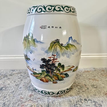 Vintage Chinese Porcelain Garden Stool - Hand Painted Fishing Village Landscape - Barrel Style 