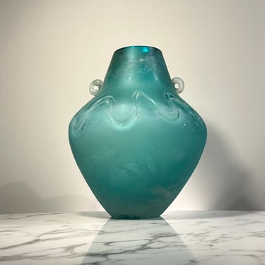 Massive handblown scavo vase by Seguso AV in turquoise glass with applied clear glass handles 