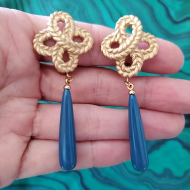 Monet Blue and Gold Tassel Clip Earrings
