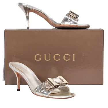 Gucci - Silver Embossed Logo Buckle Front Open Toe Pumps Sz 6.5