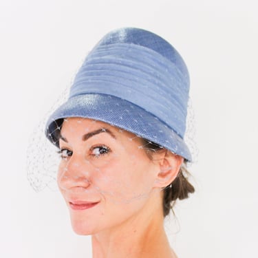 1960s Blue Straw Bucket Hat | 60s Blue Straw Hat 