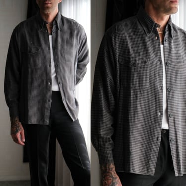 Vintage 80s Giorgio Armani Le Collezioni Gray & Navy Blue Check Loop Collar Shirt | Made in Italy | 100% Cotton | 1980s Designer Mens Shirt 