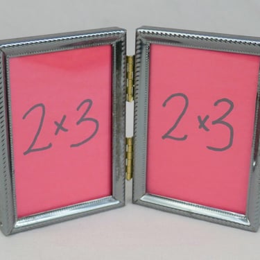 Small Vintage Hinged Double Picture Frame - Dark Silver Tone Metal w/ Glass - Holds Two Wallet Size 2 1/2