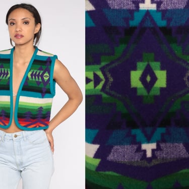 Southwestern Vest 90s Blanket Print Vest Open Front Tapestry Vest Boho Cropped Sleeveless Top Western Geometric Festival Vintage 1990s Small 