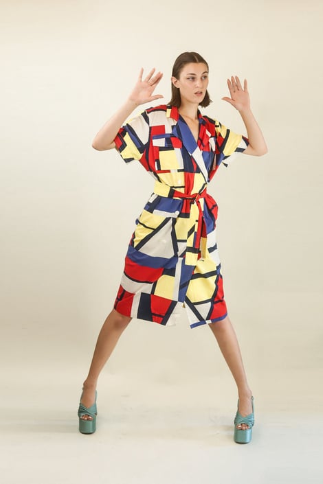 Courreges c. 1980's Mondrian Style Geometric Belted Dress 